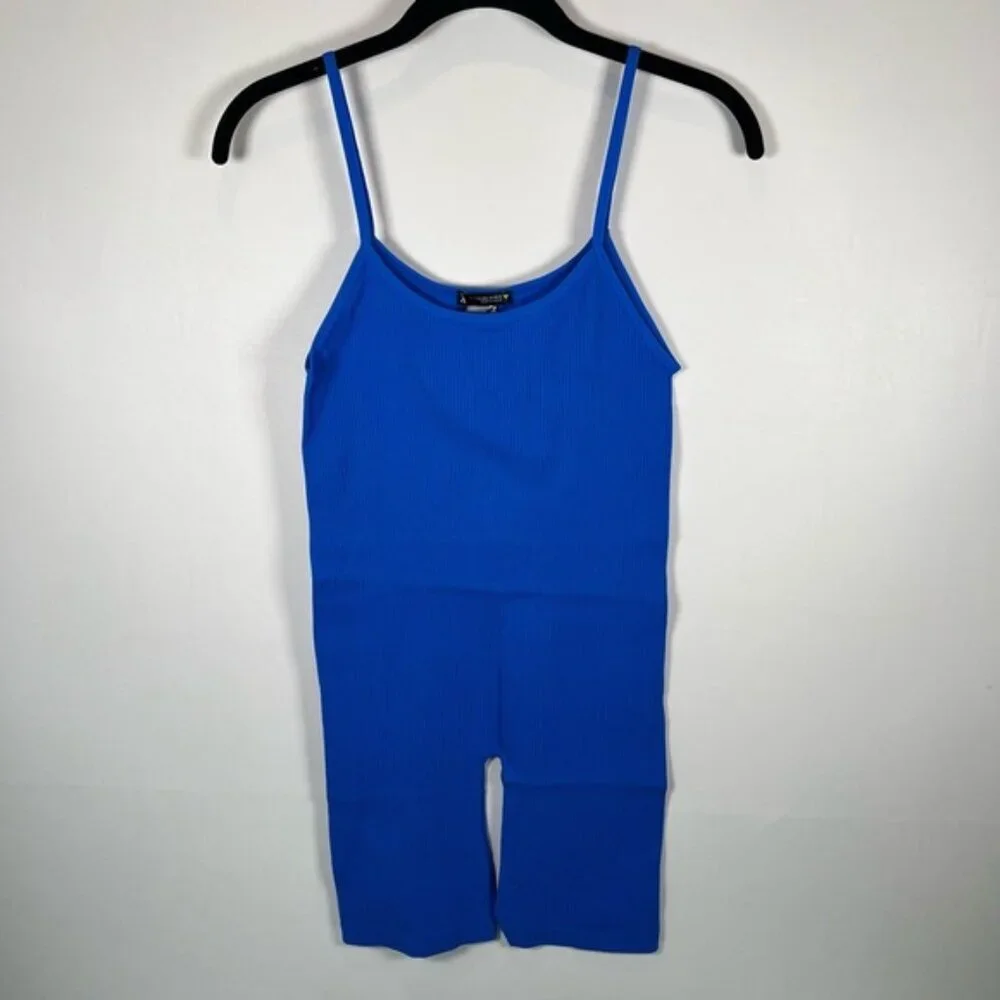 NWT ZARA Ribbed Pull on Stretch Blue Striped Romper Scoop Neck Sleeveless Sz M-L